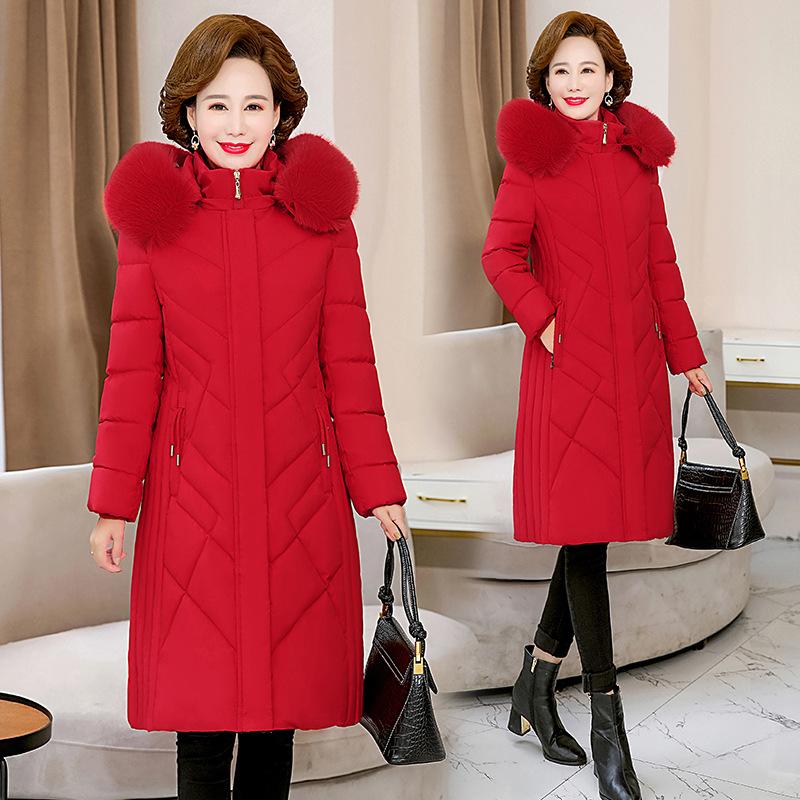 Middle-aged and Elderly Plus-size Women's Cotton-padded Jacket 200 Kg Mother's Winter Clothes Long Over-the-knee Loose Padded Coat.
