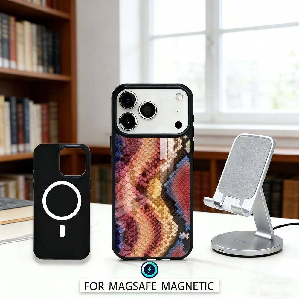 Чехол для телефона с узором под змеиную кожу, магнитный, для iPhone 17 16 15 14 13 12 Pro Max, чехол для беспроводной зарядки Magsafe