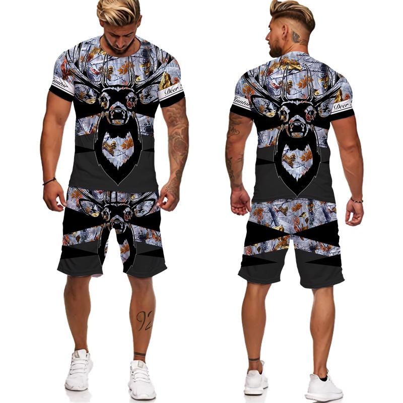 Камуфляжные футболки/шорты/комплекты с 3D принтом для охоты на животных и оленя, мужская футболка в стиле Харадзюку, спортивная одежда на открытом воздухе, костюмы, повседневная одежда для бега, комплект из 2 предметов