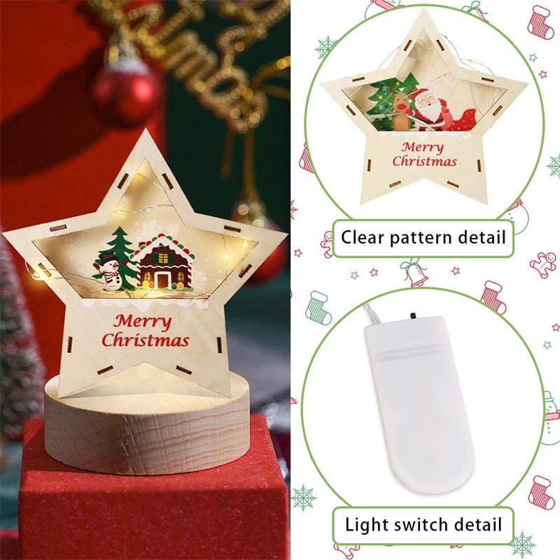 Wooden LED Five Point Star Christmas Tabletop Decor Light Up Night Lamp Holiday Centerpiece For Kids Home Desk Display Cozy Gift