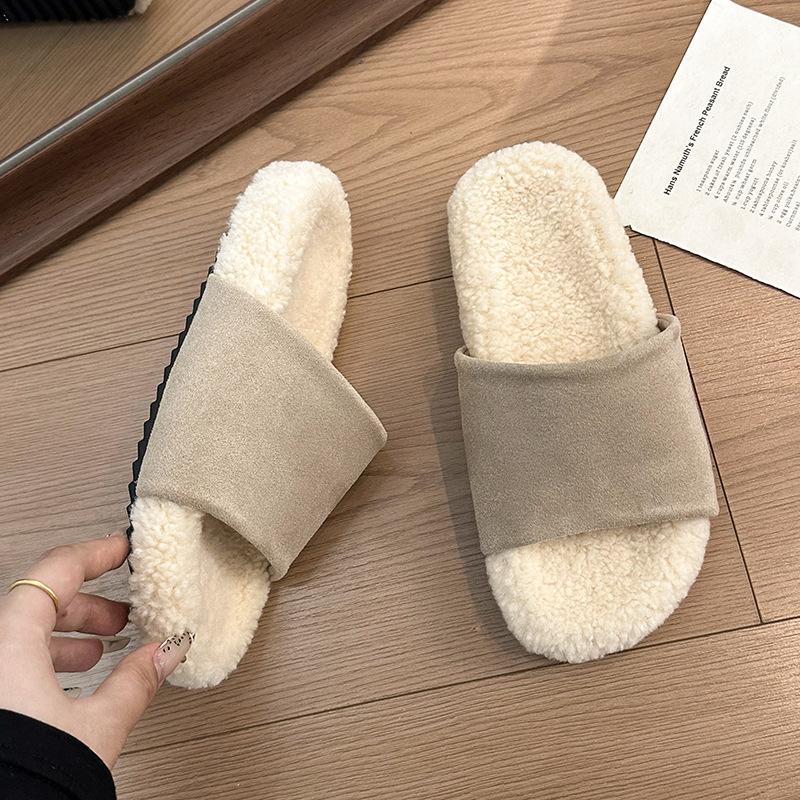 French retro one-word Birkenstock cotton slippers for women to wear in autumn and winter, new thick-bottomed versatile and velvet