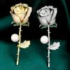 Elegant Rose Flower Shape Brooch Rhinestones Inlaid Faux Pearl Pin Bouquet Suit Lapel Badge Women Wedding Coat Accessories