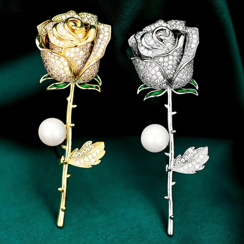 Elegant Rose Flower Shape Brooch Rhinestones Inlaid Faux Pearl Pin Bouquet Suit Lapel Badge Women Wedding Coat Accessories