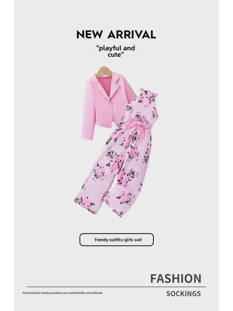 Комбинезон с цветочным принтом и розовой курткой в европейском стиле из двух предметов для девочек