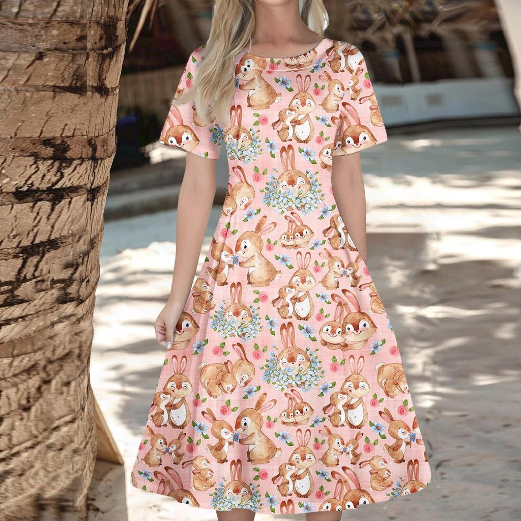 Женское повседневное модное платье с пасхальным принтом, круглое платье с коротким рукавом и талией, средней длины (с молнией)