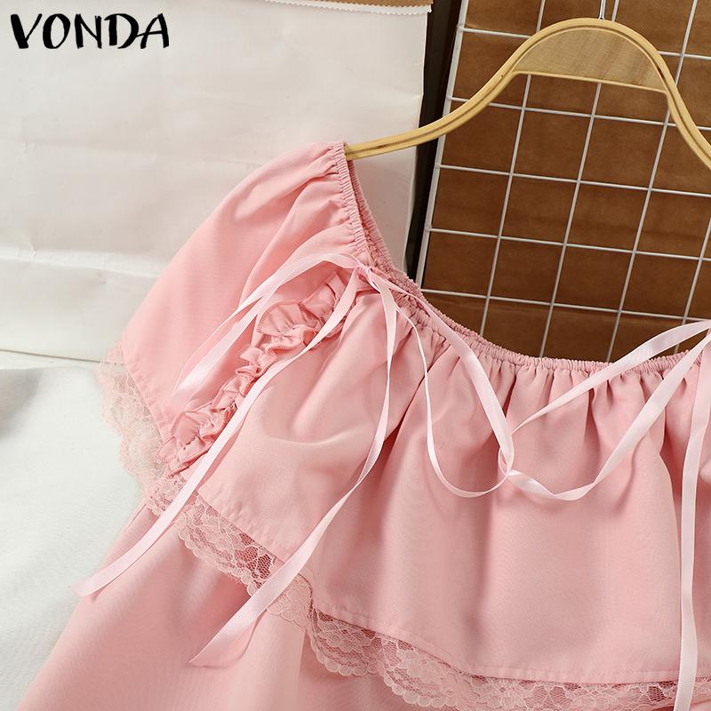 VONDA Женские летние кружевные блузки с открытыми плечами и коротким рукавом, однотонные блузки