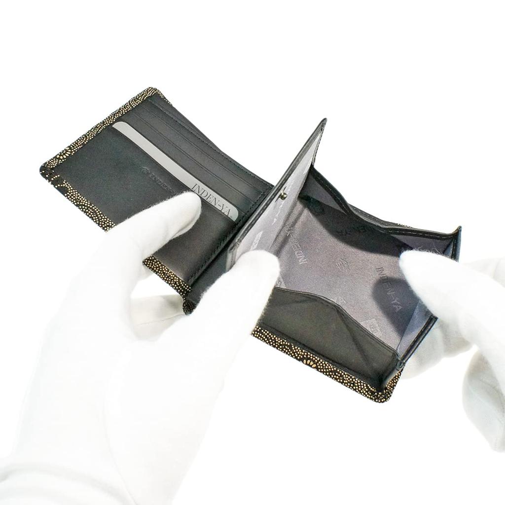 [Inden-ya] Кошелек бифолд Инден с маленьким отделением для купюр и кошельком для монет в форме коробки, кожа оленя, черный с белым лаком, хризантема