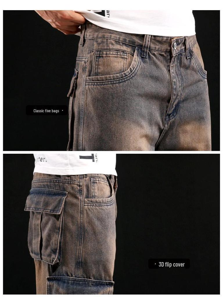 American Style Multi-Pocket Men's Wide-Leg Loose Workwear Jeans