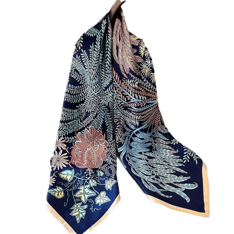 Spring fashion light luxury silk scarf women's new tropical botanical garden plain crepe satin square scarf versatile mulberry silk scarf