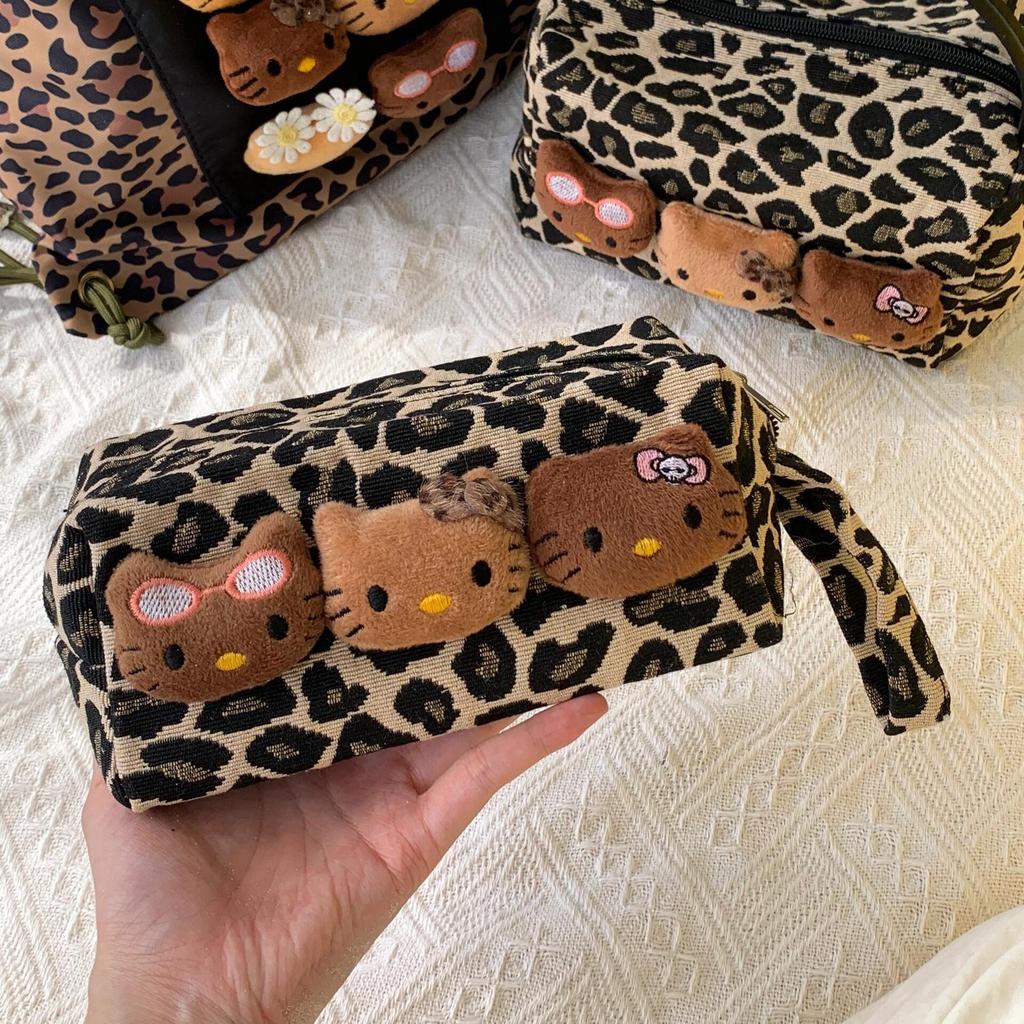 Leopard Print Kitten Plush Makeup Bag - Portable Skincare & Travel Organizer for Women
