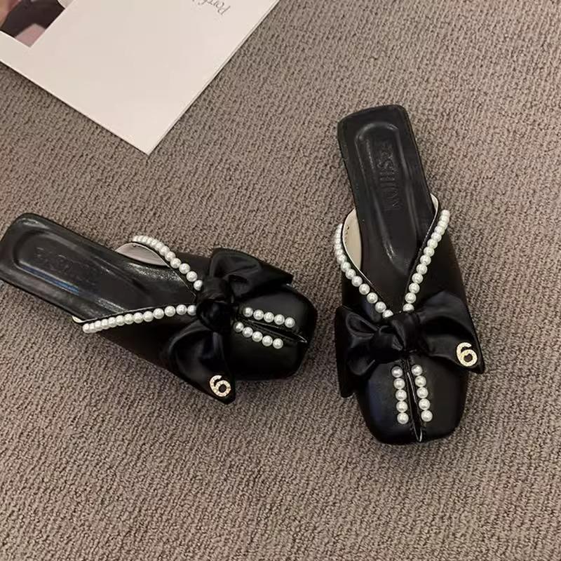 Баотоу полутапочки женские летние для улицы Новогодние новые корейская версия бант жемчуг плоская подошва мягкая подошва сандалии с открытым носком