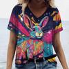 Women's T-shirt Summer Color Cat Print Women's Clothing V-neck Short-sleeved Animal Graphic Blouse Street Wear Oversized