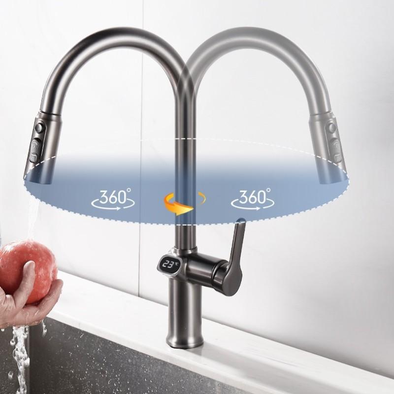 Выдвижной смеситель для кухни с цифровым дисплеем и температурой, вращающийся смеситель для кухонной мойки с одной ручкой, распылитель, краны для горячей и холодной воды