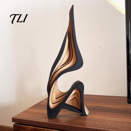 Minimalist Abstract Home Accents Wood Art Sculpture, Modern Solid Figurine for Living Hand Painted Poplar Craft Room Tabletop Decor,