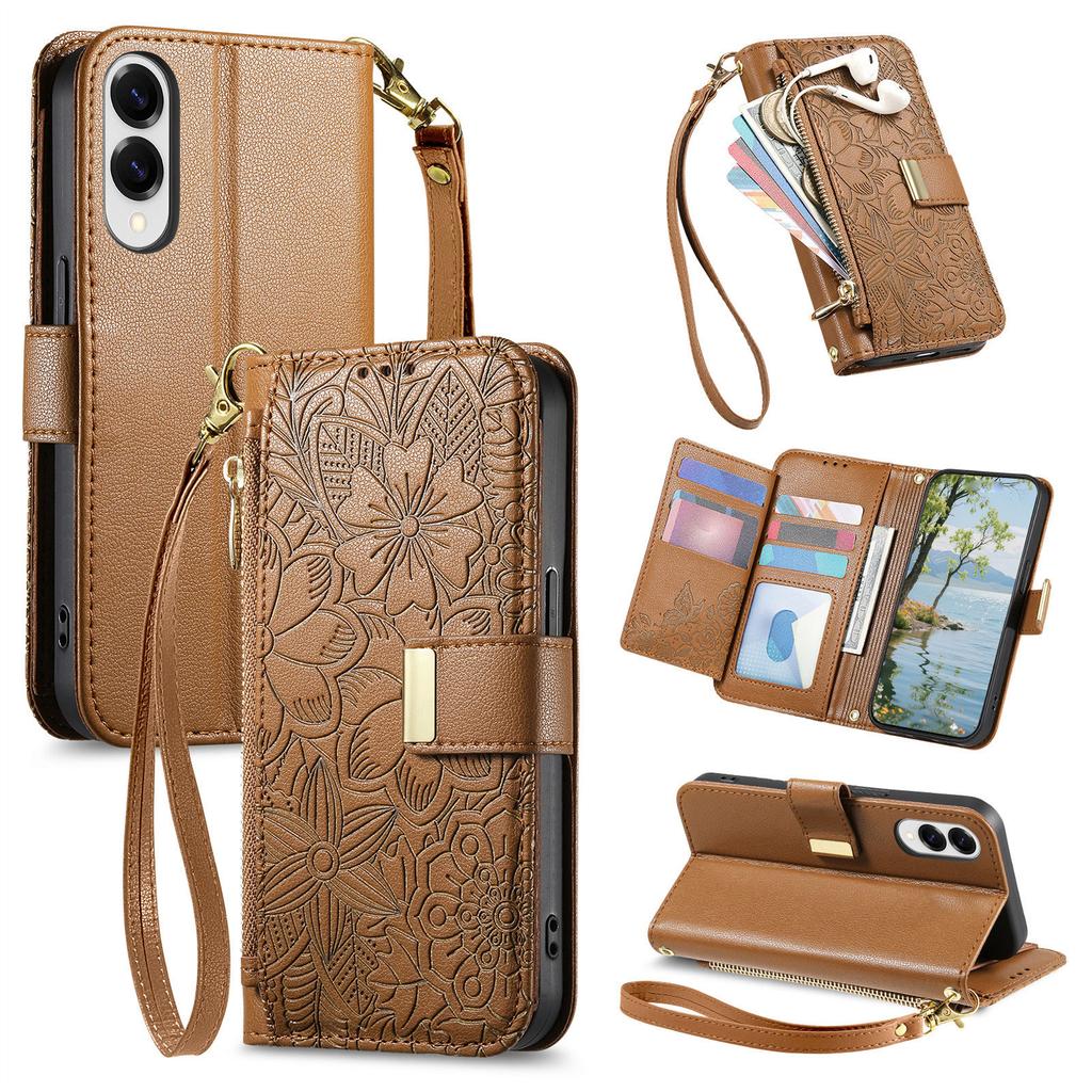 Для Samsung Galaxy S25 Чехол-бампер Цветочный узор с листьями Множество слотов для карт Молния Кожаный чехол для телефона с ремешком на запястье