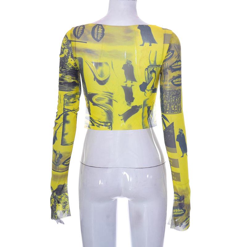 Женская повседневная футболка с длинным рукавом, модная сетчатая пряжа с принтом, топы с открытым пупком и разрезом