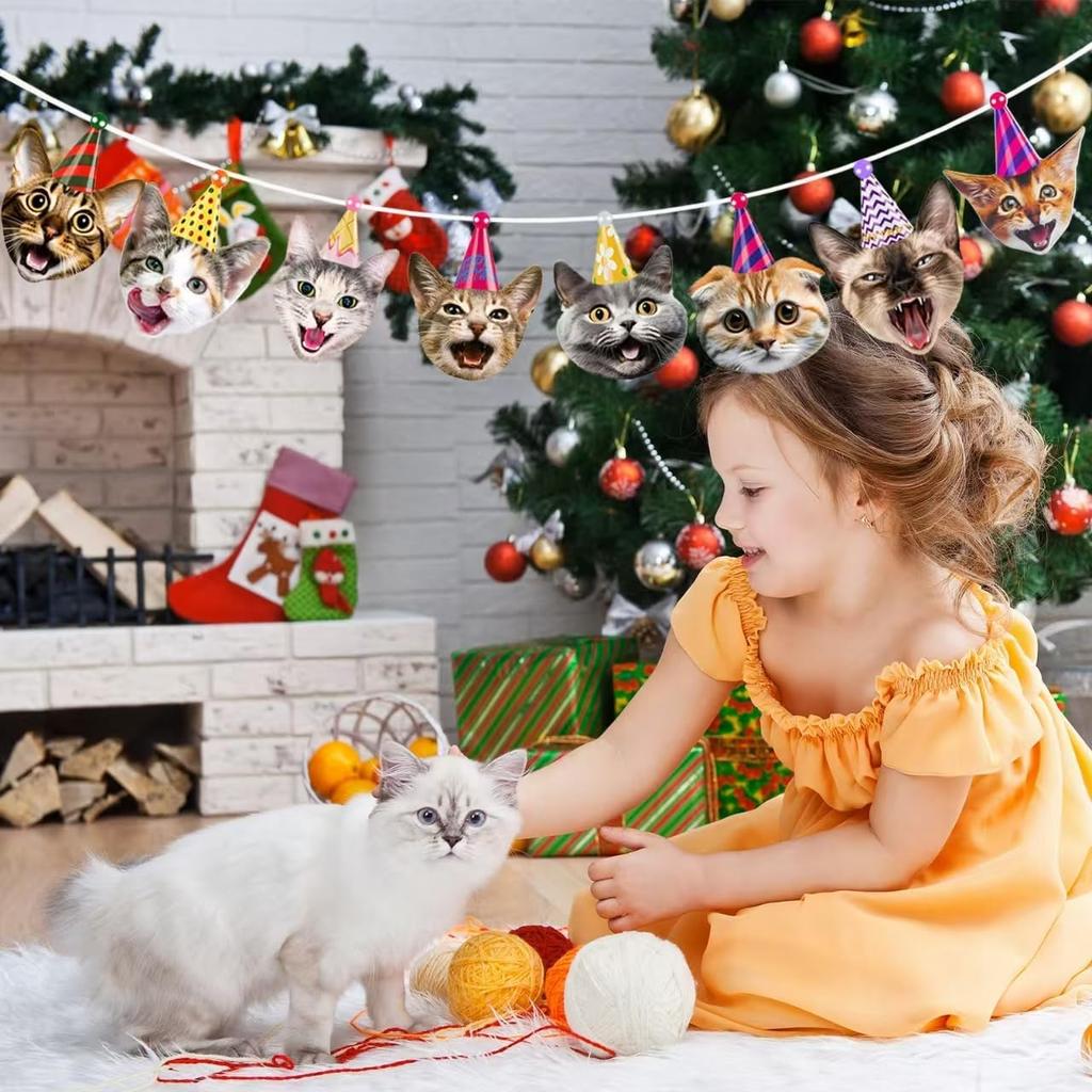 Funny Party Decorations Kids Boys Girls Women Men Adult Birthday Garland Cat Faces Happy Birthday Banner Kitten Bunting Photo Props for Cat Themed