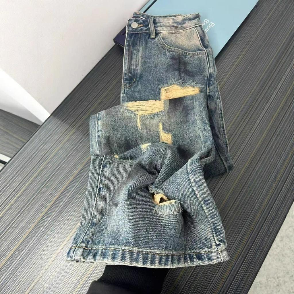 Comfortable Big Yards of Broken Holes Jeans Female Loose Pear-shaped Figure Skinny Straight High Waisted Wide-legged Dragged Trousers Long Denim Pants