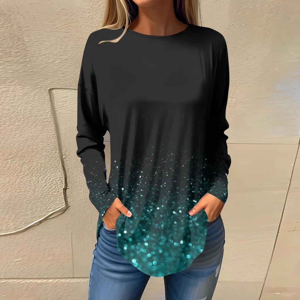 Женская свободная футболка с длинным рукавом с круглым вырезом и принтом, верхний пуловер