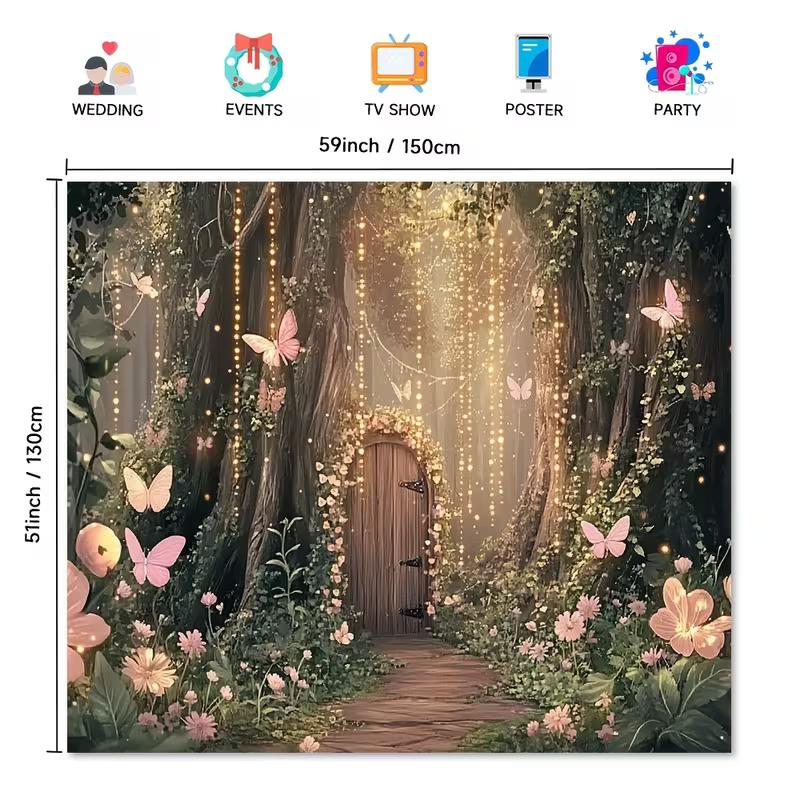2D Whimsical Woodland Backdrop with Fairy Door for Events and TV Shows