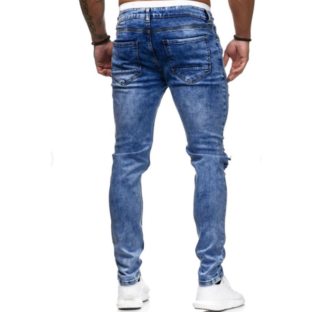Men's Fashion Denim Hole Trouser Distressed Jeans Long Pencil Pants Streetwear