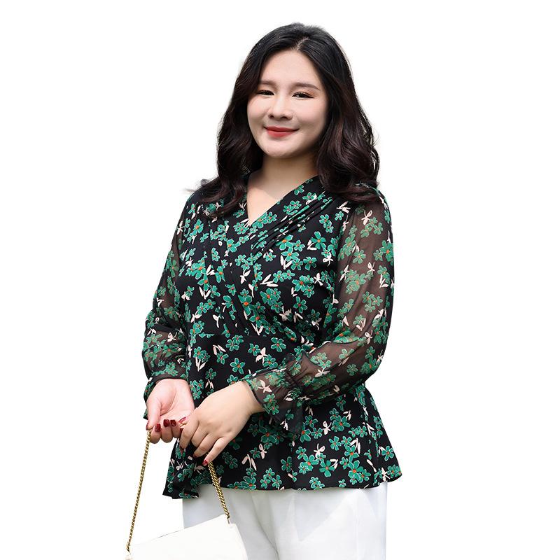Плюс Размер Женский Весна Новый Шифоновый Цветочный Раструб Рукава Темперамент V-образный Вырез Топ