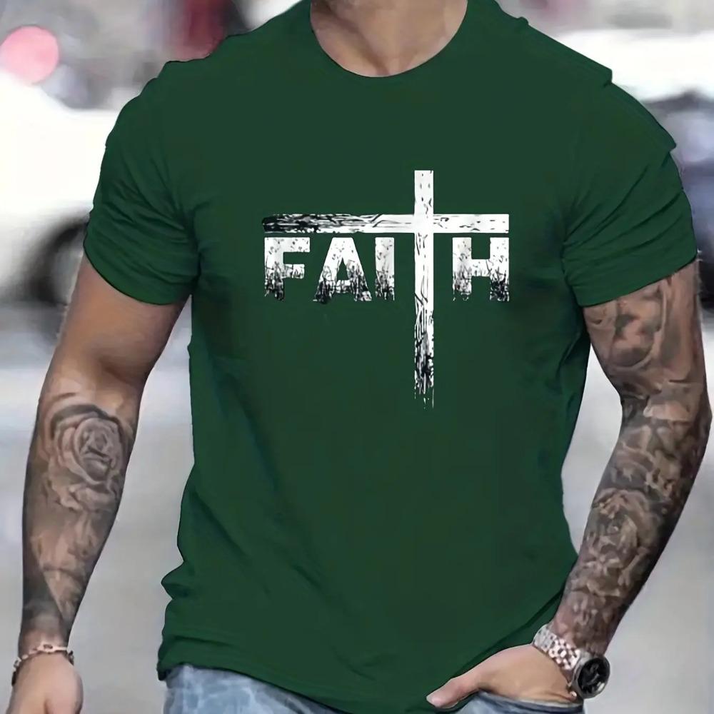 Men's Summer 100% Cotton Faith Print Loose Large Casual Round Neck Short Sleeve T-shirt