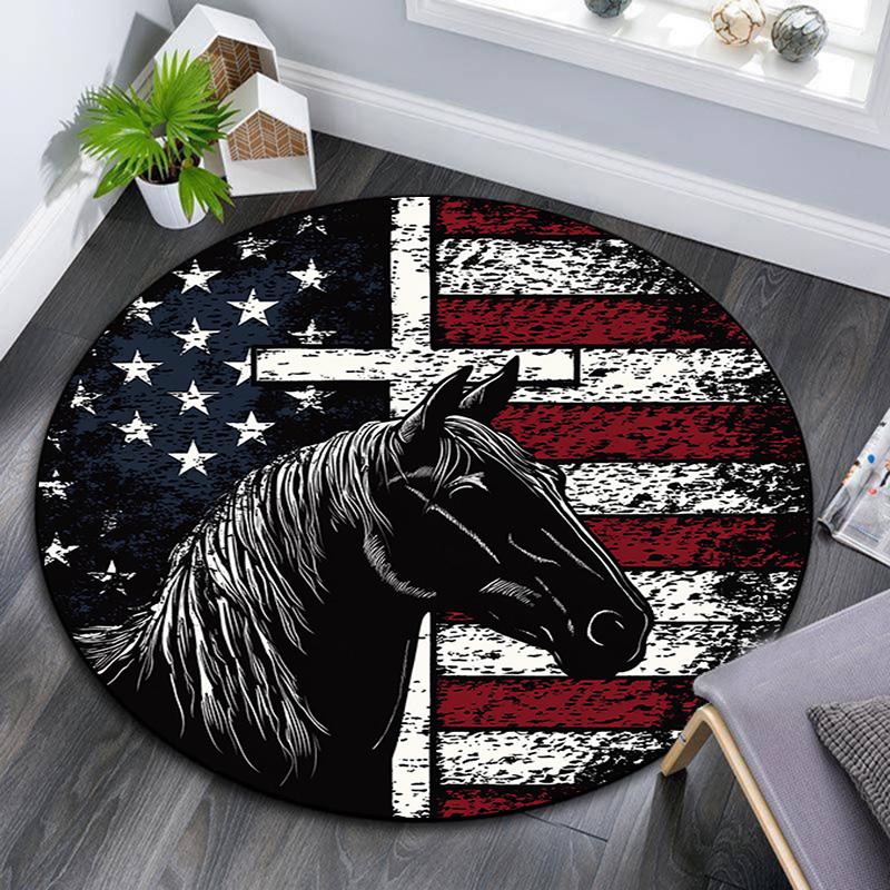 Horse Round Area Rug,Carpet Rug for Living Room Bedroom Sofa Playroom Decor,Non-slip Floor Mat