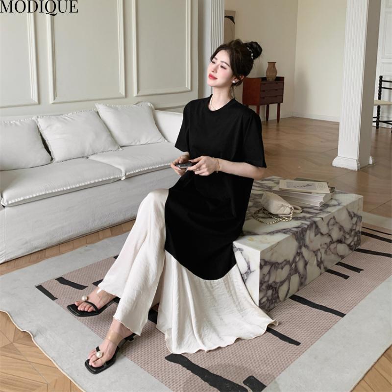 MODIQUE Летние платья больших размеров для женщин, свободные, элегантные, в тон, шелковые, пэчворк, длинные платья, женские, повседневные, с коротким рукавом и круглым вырезом
