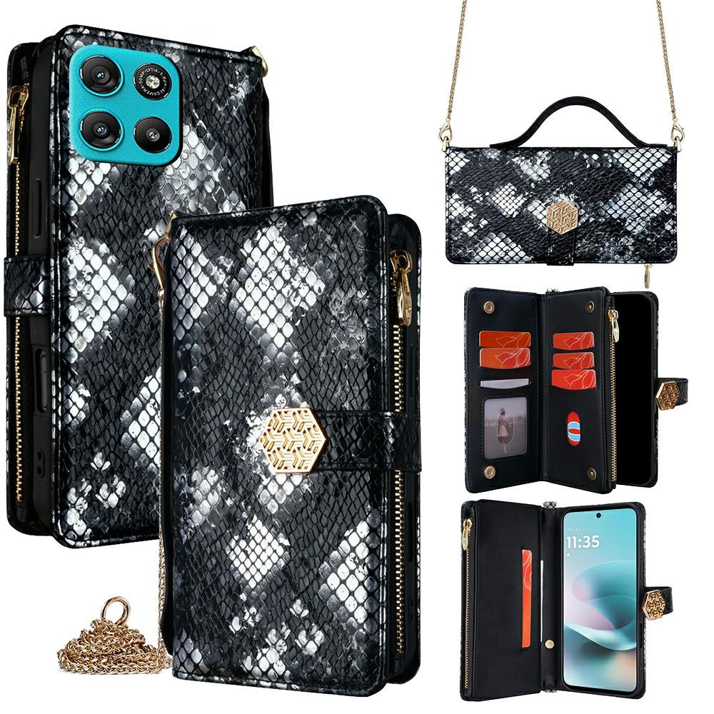 For Motorola Moto G67 Power 5G Case Snake Skin Texture PU Leather Phone Wallet Cover with Shoulder Strap