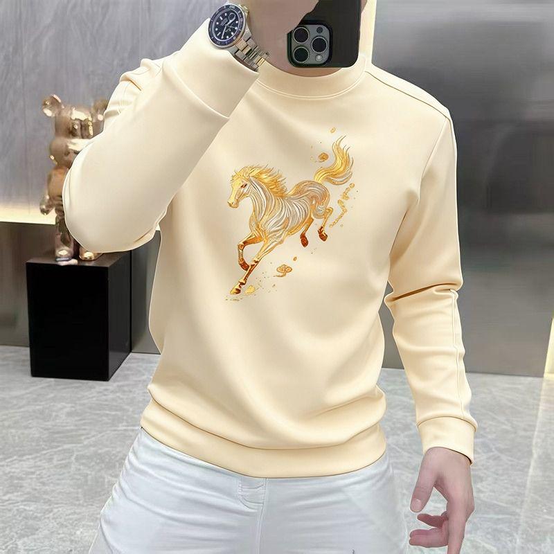 Men's Korean Style Year of the Horse Red Coral Fleece Hoodie, Thickened, Loose Fit, Pure Cotton, Round Neck, Autumn/Winter
