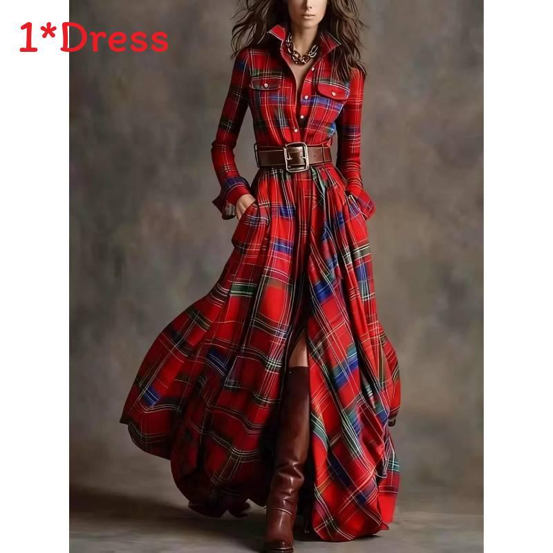 Vintage Plaid Long Sleeve Dress With Pockets For Autumn Fashion Enthusiasts