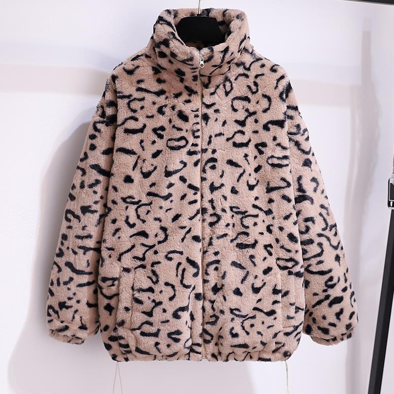 Новая куртка с леопардовым принтом на молнии и воротником-стойкой, осенне-зимняя, средняя и длинная, искусственный мех кролика, женская одежда, утолщенный теплый меховой топ