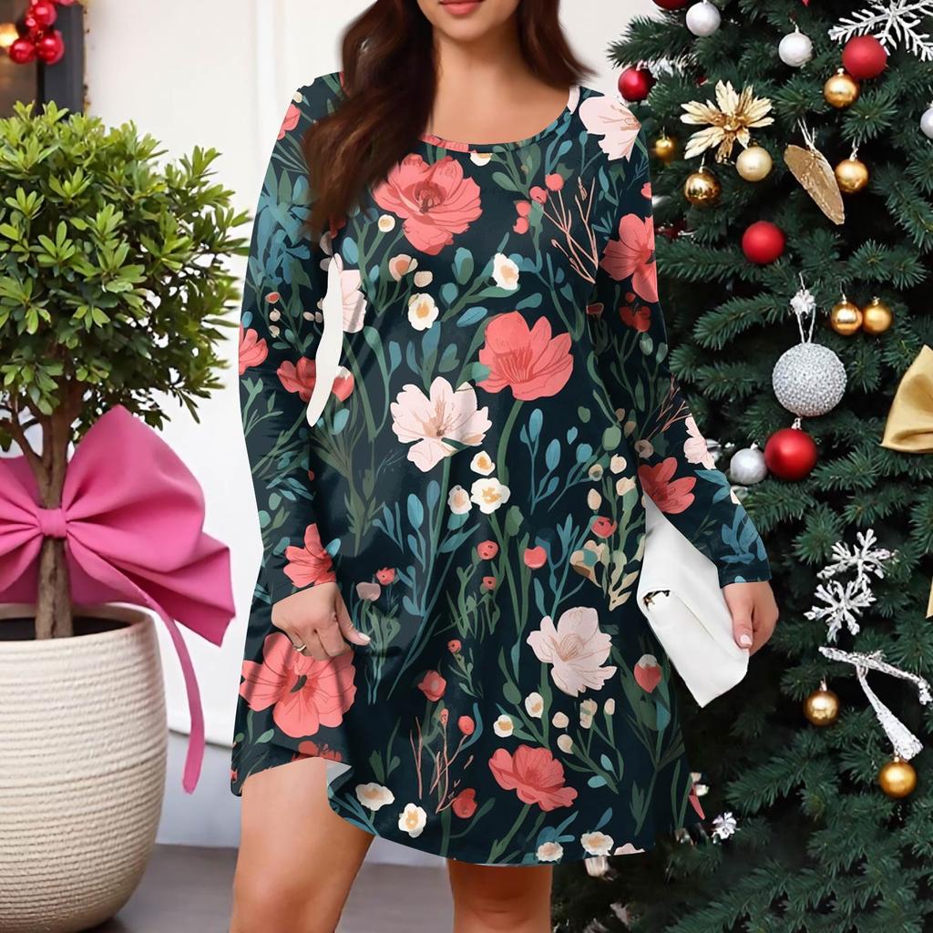 Женское повседневное платье большого размера с градиентным принтом, карманом, круглым вырезом и длинными рукавами, для весны/осени