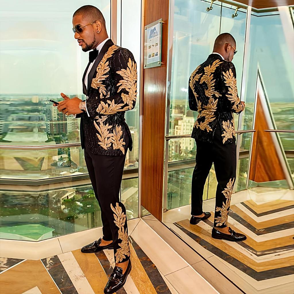 PYJTRL Mens Fashion Golden Decal Sequin Two-piece Suit (Jacket+Pant)