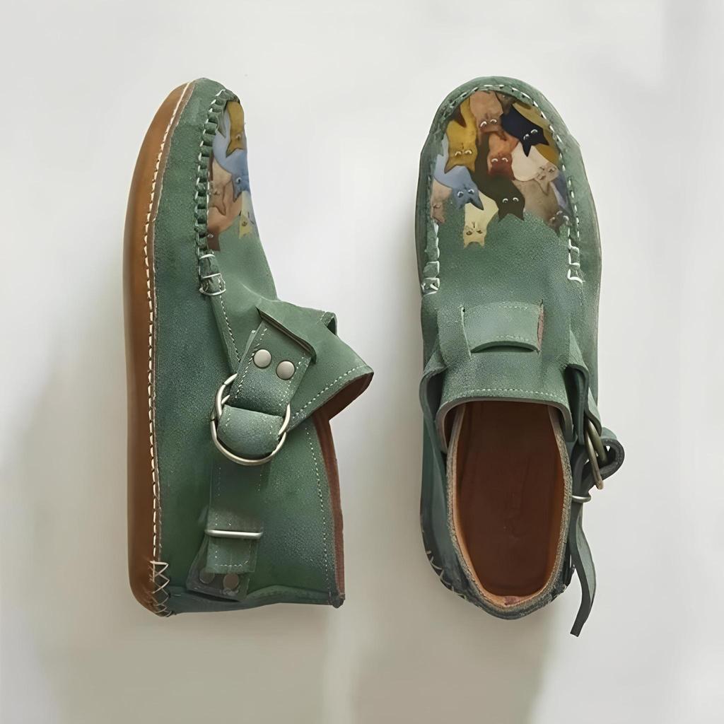 Ботинки Plover женские Comfort Cartoon Cat Printed Leather Button Casual Flat Ankle - 6 Purple