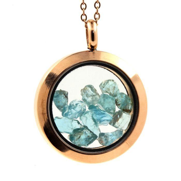 Pierres et Minéraux. Collier Apatite Paraiba brut. Modèle Médaillon 25 mm. Couleur Or rose.