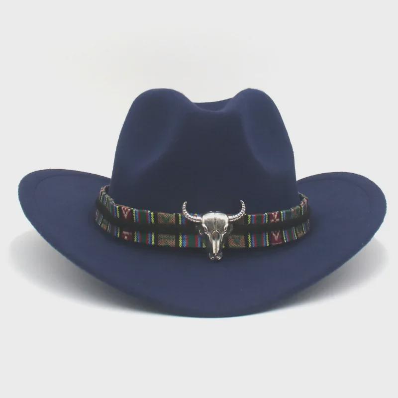Western Cowboy-Style Wool Felt Hat with Bull Head Accent - Tibetan-Inspired Autumn/Winter Jazz Hat