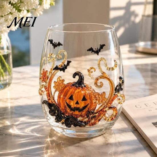 Creative Beverage Cup Halloween Ghost Whiskey Glass, Black Cat Spider Net Skull Tumbler for Novelty Shape Glass Cocktail, 350ml Spooky Drinkware Home