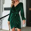 Женское платье для свиданий с V-образным вырезом и завязывающимся поясом, тонкая талия, длинные рукава, бархатная ткань, неровный подол, вечернее платье, однотонное мини-платье для выпускного вечера