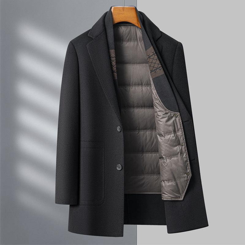 Двустороннее шерстяное пальто для мужчин, зимнее утепленное пальто средней длины со съемным пуховым вкладышем
