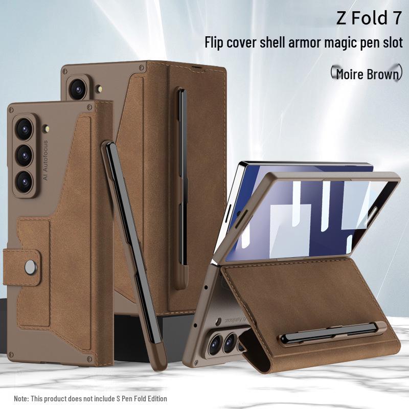 Бизнес-стиль Samsung Z Fold7 Armor чехол-книжка со слотом для ручки, держателем для карт и защитной пленкой для экрана.