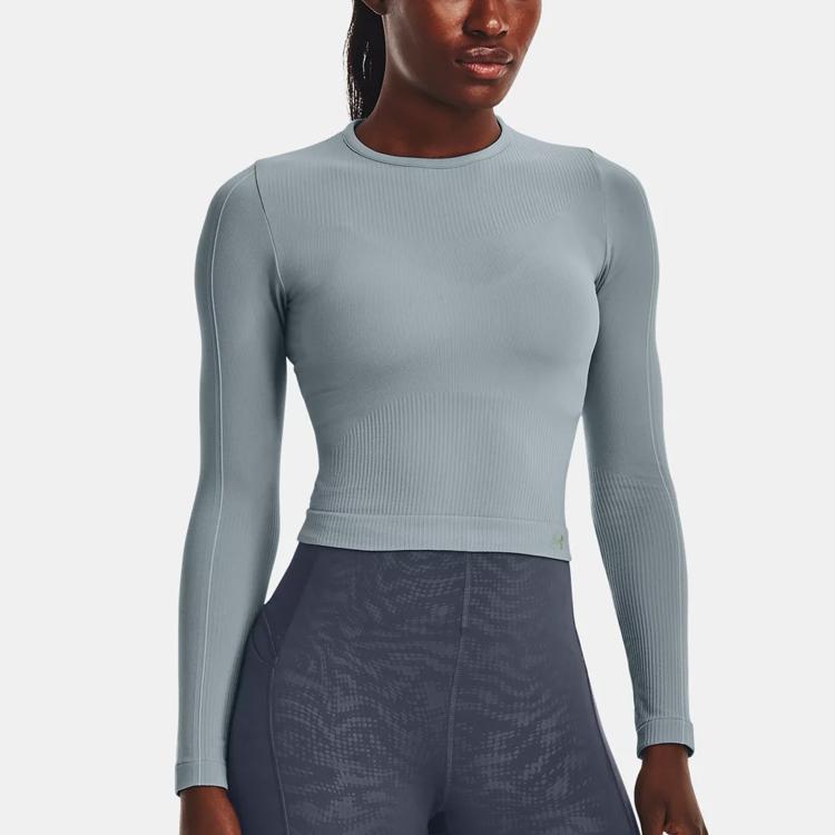 Under Armour Футболка Rush Series Solid Casual с логотипом и длинным рукавом, с круглым вырезом, женские топы, цвет Harbor-Blue 1373930-465