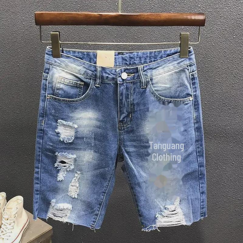 2022 Мужские корейские модные рваные джинсовые шорты - летние брюки средней длины