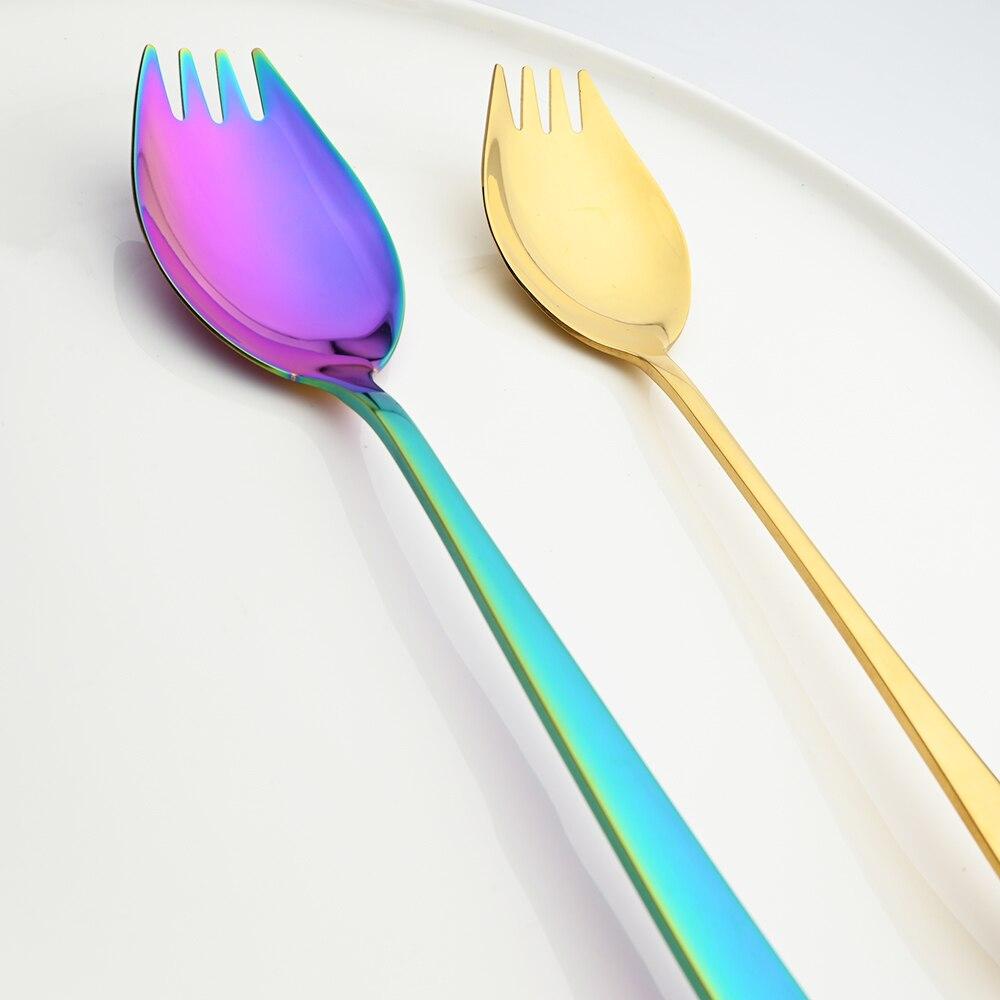 Gold 18/10 Stainless Steel Colorful Creative Design Kitchen Tableware Sporks Dessert Fork Spoon Noodles Salad Fruit Dinnerware