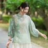 Johnature Women Stand Patchwork Shirts Chinese Style Solid Color Seven Sleeve Tops Spring Button Vintage Women Blouses