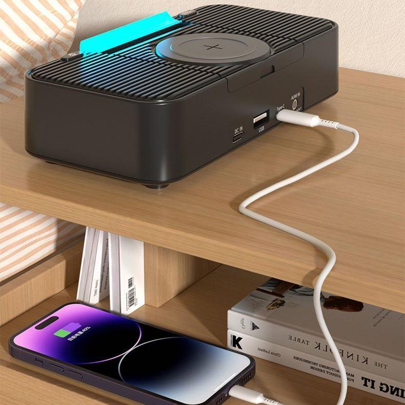 Беспроводная зарядка Bluetooth-динамик Часы FM-радио Ночник Электрический двойной динамик Громкий будильник Порты USB и Type-C для зарядки телефона