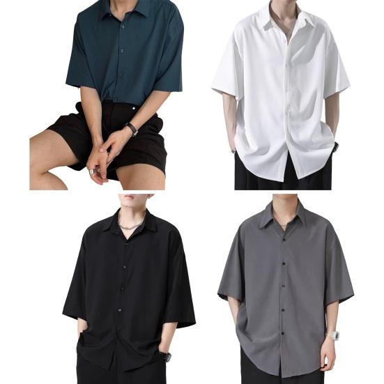 Spring Summer Men Shirt Turn-down Collar Single-breasted Half Sleeves Ice Silk Buttons Loose Casual Wear School Dating Mid Length Top