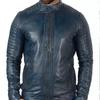New Stylish Handmade Men's Blue Genuine Soft Leather Jacket Real Lambskin