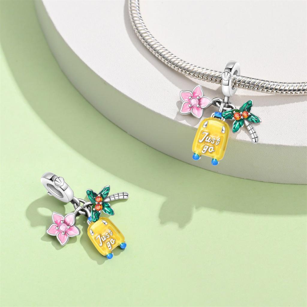 S925 Silver Travel Vacation Airplane Luggage Tag Pendant DIY  Beaded Charm Accessory